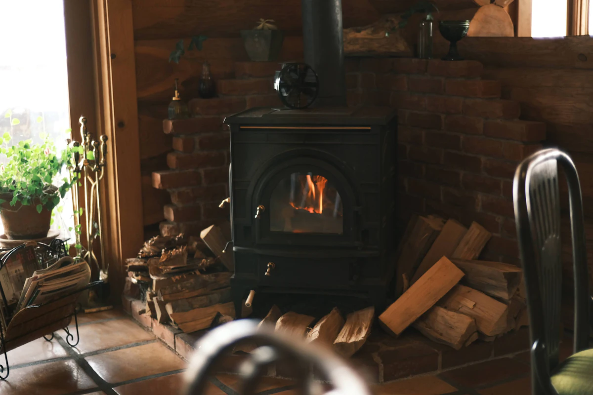 A wood-burning stove in a living room